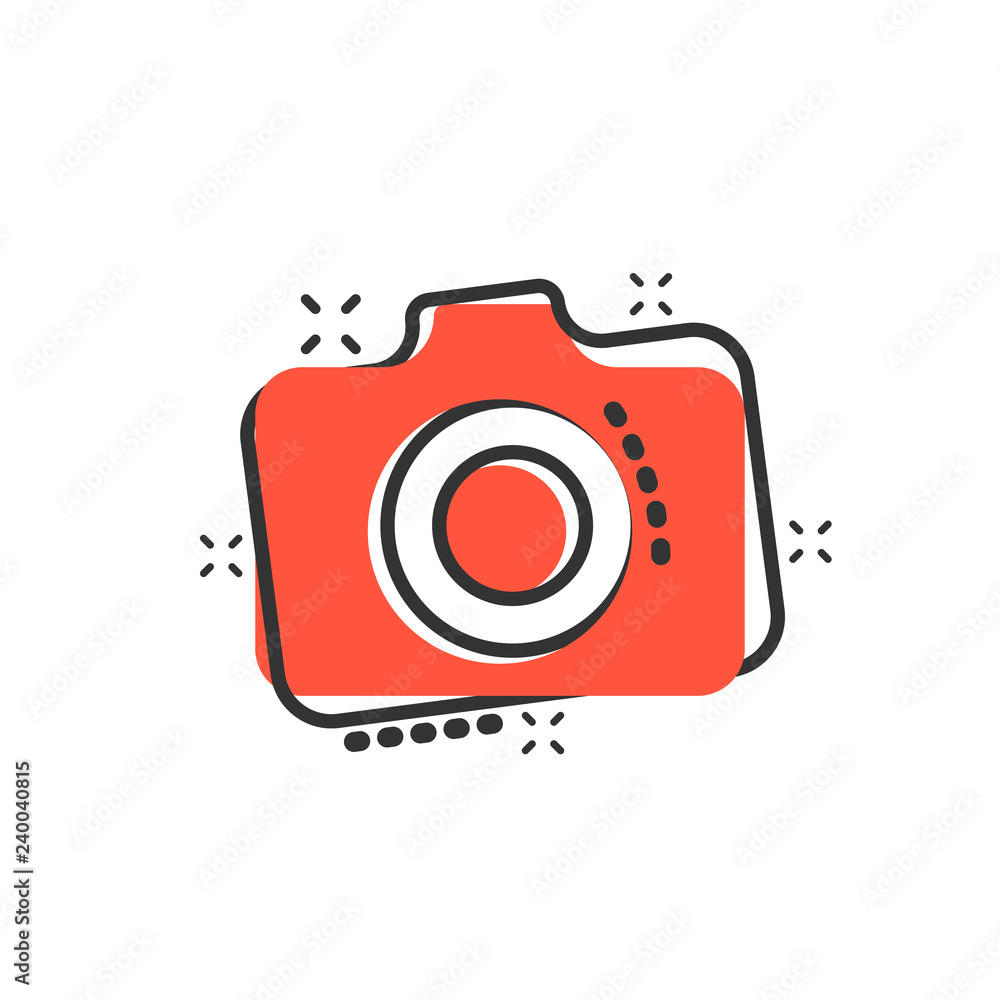 Photo camera icon in comic style. Photographer cam equipment vector cartoon  illustration pictogram. Camera business concept splash effect.  Stock-Vektorgrafik | Adobe Stock