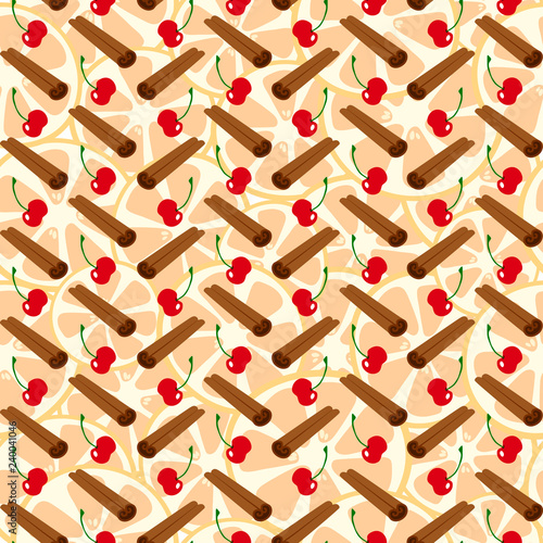 cinnamon stick and cherry in the foreground and circles of oranges in the background