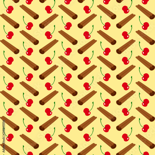 cinnamon sticks and cherry berries pattern yellow background