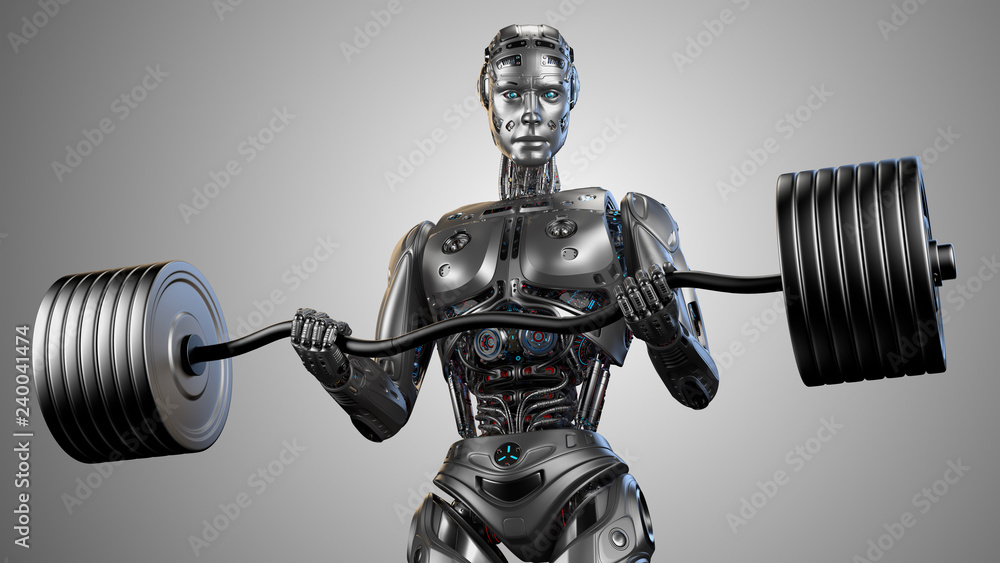 Futuristic robot man working out with barbell. Very strong cyborg lifting heavy or training his Isolated on grey background. 3d Illustration. Stock Illustration | Adobe Stock