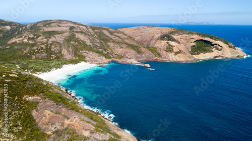 Aerial view of picturesque coastline scenery of Hellfire Bay, paradise beach with white sand and crystal clear waters of Southern Ocean - Cape Le Grand, Esperance, Western Australia from above © unicusx