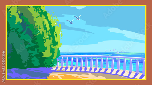 Marine landscape wich sea and quay, marble balustrade in sunny summer day