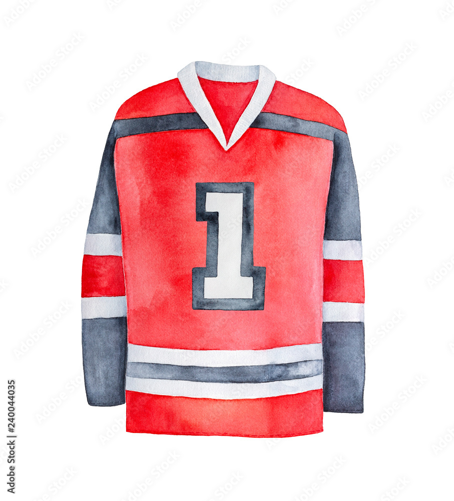 Bright red, black and white ice hockey jersey with number "1" (one)  inscription. Warm winter sports