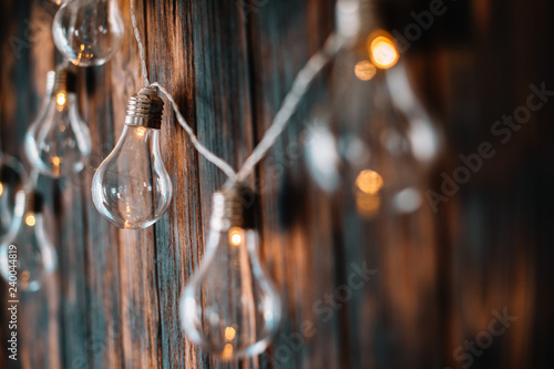 Light bulbs hang on dark wooden wall