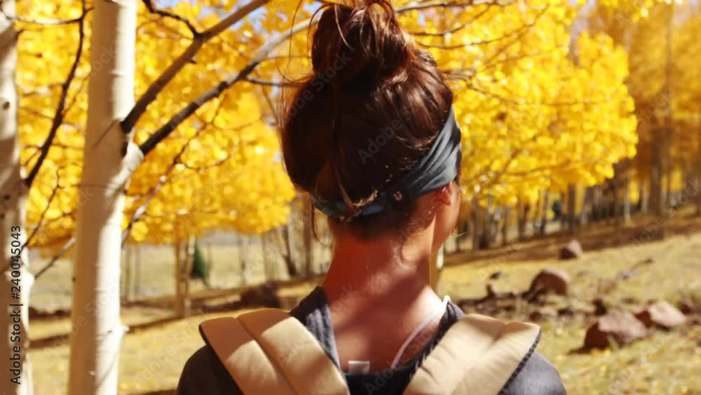 Girl walking through a beautiful forest of yellow trees with leaves falling down and brushing them with her hand. Girl walking through a beautiful forest of yellow trees with leaves falling down and brushing them with her hand.