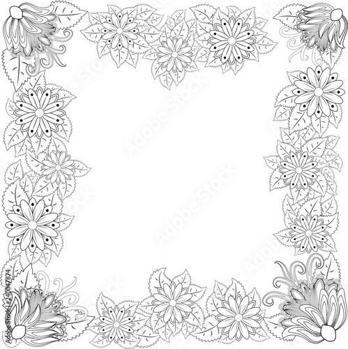 illustration zentangl. Flower frame for photo. Coloring book. Antistress for adults and children. Black and white.