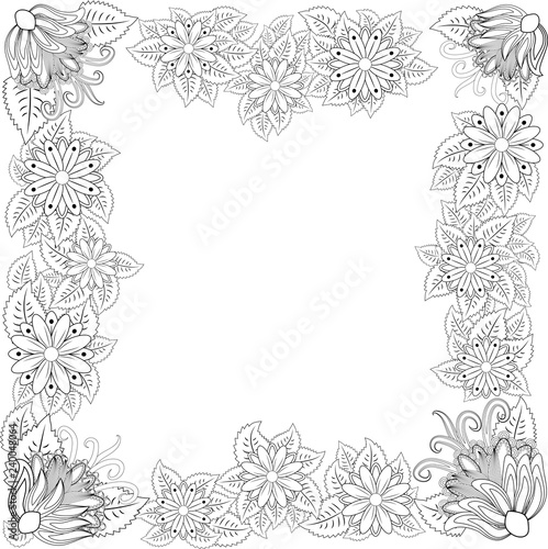 illustration zentangl. Flower frame for photo. Coloring book. Antistress for adults and children. Black and white.