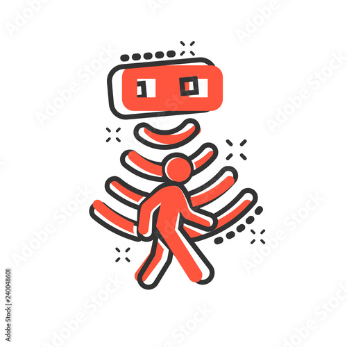 Motion sensor icon in comic style. Sensor waves with man vector cartoon illustration pictogram. People security connection business concept splash effect.