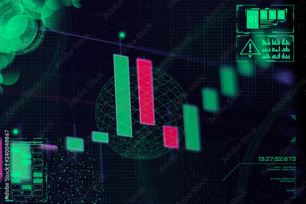 Fototapeta premium Abstract cold financial background with japanese candles and green neon holograms in space. The concept of stock trading with a hologram and a schedule.