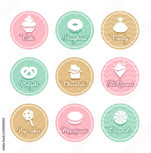 Set of confectionery labels with cake, doughnut, caramel, candy, pop cake, ice cream, pretzel, macaroon, chocolate