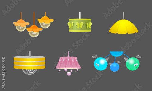 Collection of different colored colored pendant lamp or light fixtures isolated for kids room