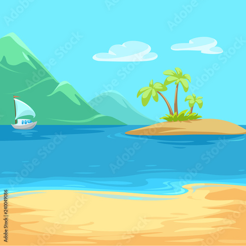 vector illustration of Paradise island bounty cartoon with trees and grass and a yacht with a white sail