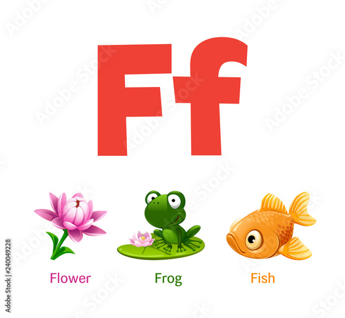 Cute children ABC animal alphabet flashcard words with the letter F for kids learning English vocabulary.