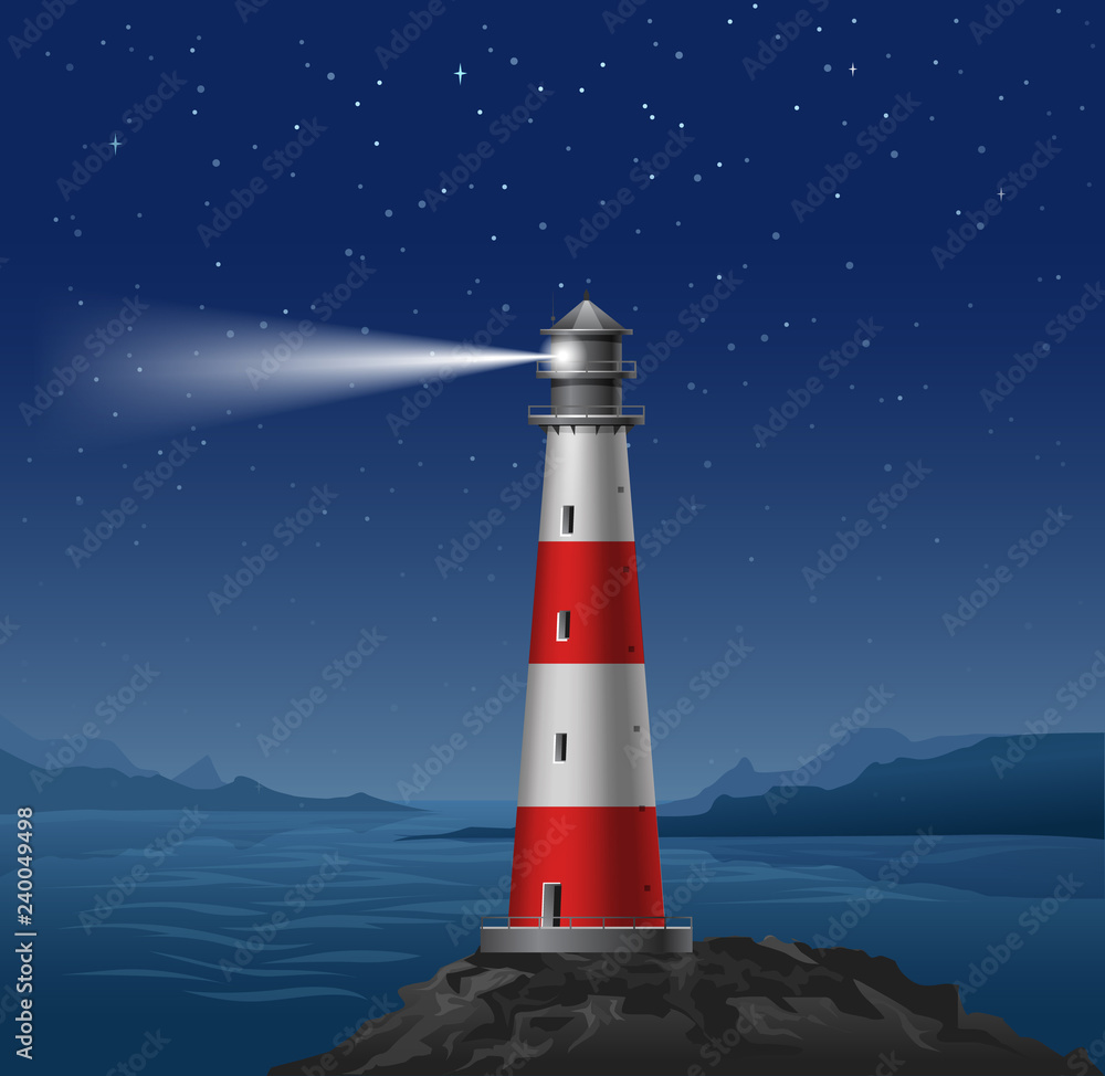 vector illustration realistic lighthouse against a night landscape