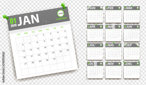 2019 calendar in paper stickers with pins and scotch style. Green and grey. Event planner. All size. Vector illustration