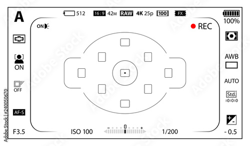 White modern digital camera focusing screen with settings template. Viewfinder mirrorless, DSLR or cameraphone camera recording. Vector illustration photo