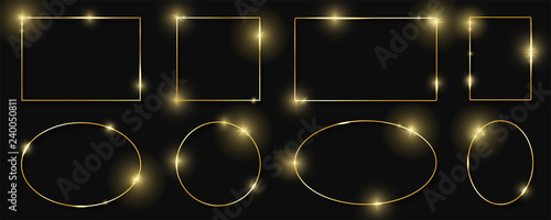 Gold shiny glowing frames set with shadows isolated on black background. Pack of luxury realistic square, round, oval borders. Vector illustration