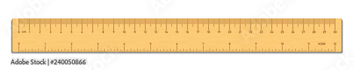 Realistic wooden tape ruler isolated on white. Double sided measurement in cm and inches. Vector illustration