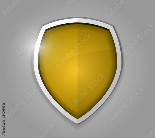 Clear golden realistic shining shield icon. Defense, safety, privacy, security, safeguard or antivirus concept. Vector illustration