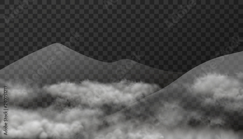 Cloudscape with mountains in mist isolated on transparent background. Vector texture illustration of realistic landscape with smoky clouds effect