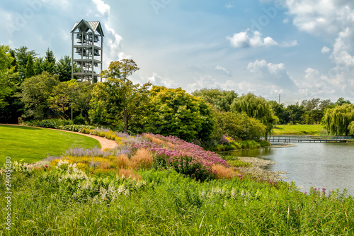 Evening Island with Carillon Bell Tower at Chicago Botanic Garden, Glencoe, Illinois, USA photo