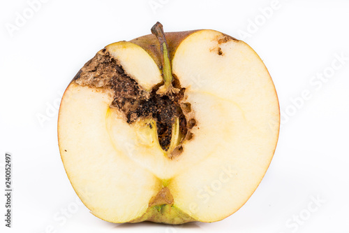 Close up Boring trace of a codling moth Cydia Pomonella, in a half wormy apple. On white background.