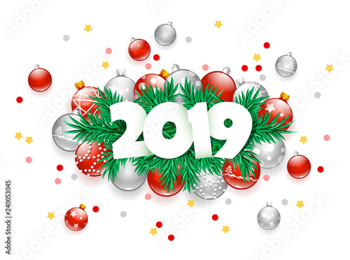 vector illustration Christmas winter holidays 2019 with fir branches and red grey glass balls and confetti on a white background