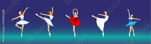 vector set of ballerinas in different poses on dark background