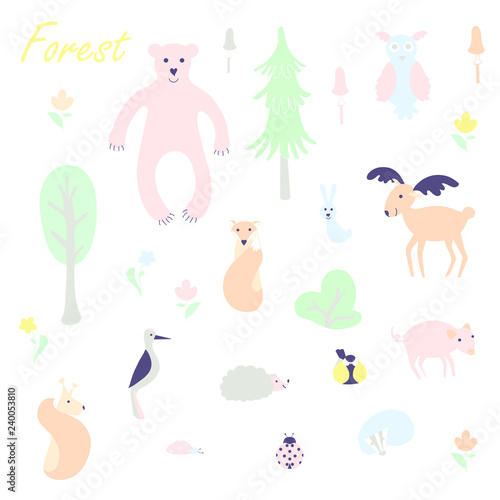 Cute animal and plant forest vector color characters set. Sketch fox, rabbit, hare, bear, fir tree, flowers, mushroom, great tit, hedgehog, squirrel, woodpecker, pig, elk, reindeer, owl in pastel blue