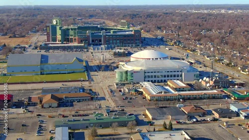 Aerial view of some of Green Bay's most noteworthy places, the Don Hutson Center, The Arena, PMI Entertainment Group, The Resch Center, and Lambeau Field. photo