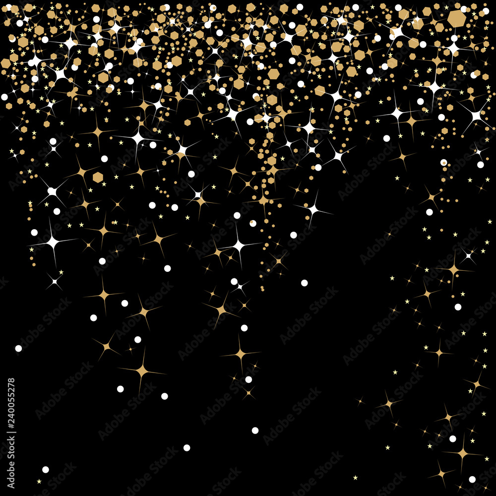 Falling stars and sparkles in white and gold on a black background for the holiday season Falling stars and sparkles in white and gold on a black background for the holiday season