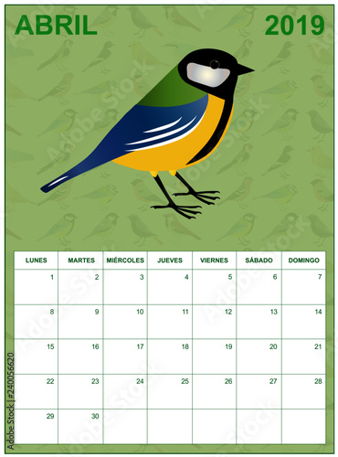 April 2019 calendar on spanish with a Great Tit in the middle