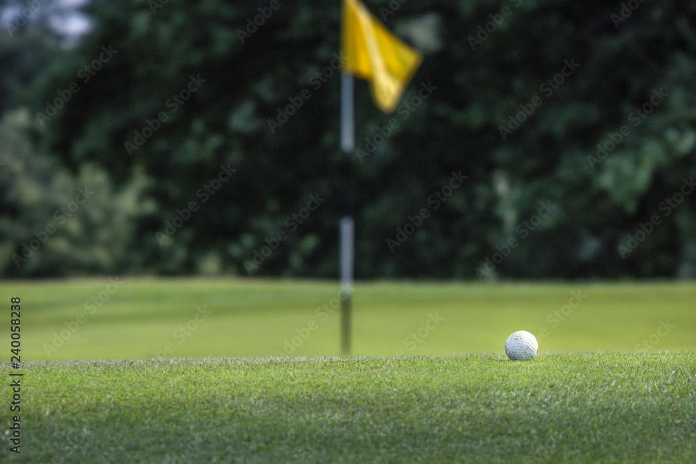 Obraz premium Low angled view of Golf Ball with Blurred Flag in Background