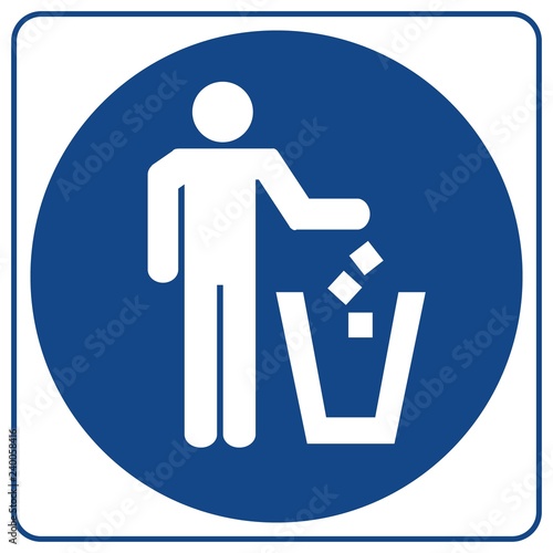 Information mandatory symbol in blue circle isolated on white. Litter disposal sign