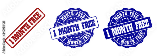 1 MONTH FREE grunge stamp seals in red and blue colors. Vector 1 MONTH FREE watermarks with grunge style. Graphic elements are rounded rectangles, rosettes, circles and text labels.