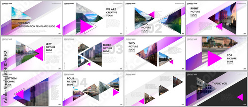 Minimal presentations design, portfolio vector templates with triangles and triangular elements. Multipurpose template for presentation slide, flyer leaflet, brochure cover, report, advertising.