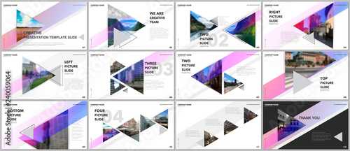 Minimal presentations design, portfolio vector templates with triangles and triangular elements. Multipurpose template for presentation slide, flyer leaflet, brochure cover, report, advertising.