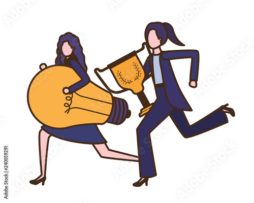 businesswomen with trophy and light bulb character