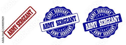 ARMY SERGEANT grunge stamp seals in red and blue colors. Vector ARMY SERGEANT signs with grunge surface. Graphic elements are rounded rectangles, rosettes, circles and text tags.