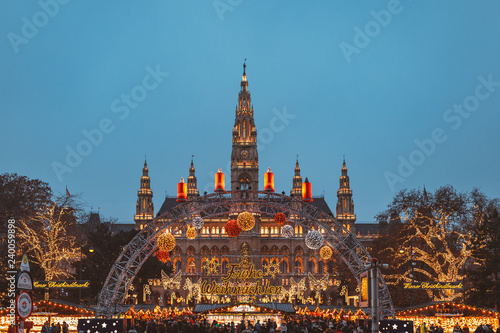 Christmas market at Vienna City Hall in blue hour light