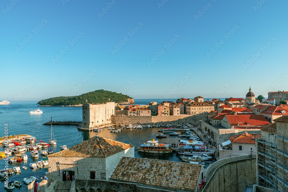 View to the old harbor of Dubrovnik and the isle Lokrum