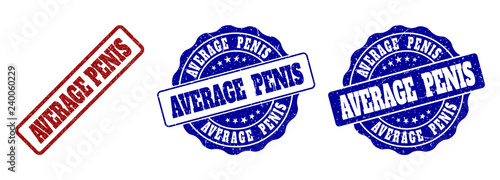 AVERAGE PENIS grunge stamp seals in red and blue colors. Vector AVERAGE PENIS labels with grainy surface. Graphic elements are rounded rectangles, rosettes, circles and text labels.