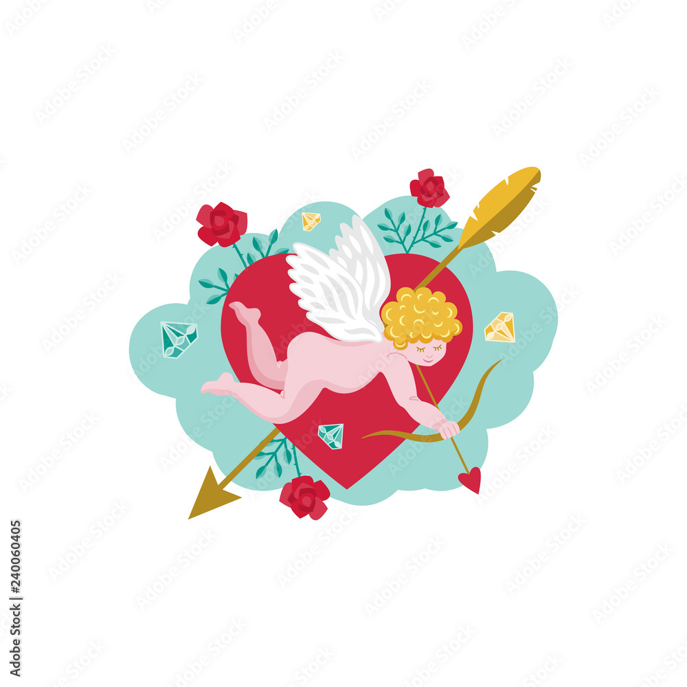 Card for Valentine's Day. Cupid with a bow. Heart with an arrow. Roses with thorns. Vector illustration in flat style.