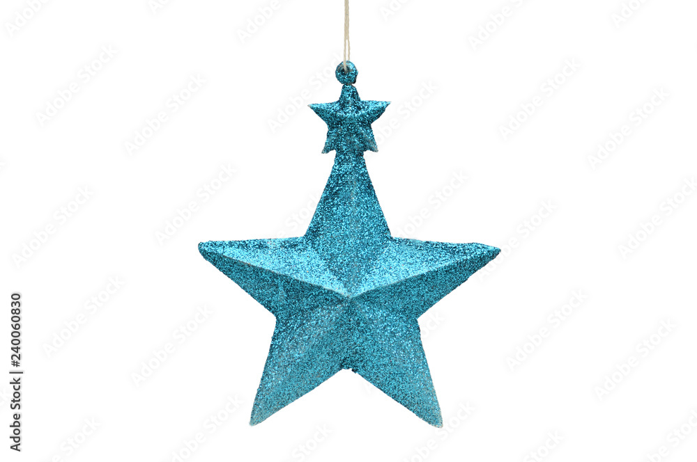 Christmas and New Year's blue five-pointed star on white background. Retro toy Christmas and New Year's blue five-pointed star on white background. Retro toy
