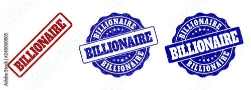 BILLIONAIRE grunge stamp seals in red and blue colors. Vector BILLIONAIRE labels with grunge surface. Graphic elements are rounded rectangles, rosettes, circles and text labels.