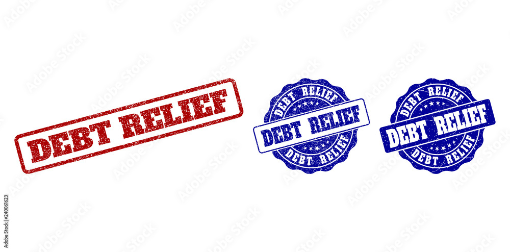 DEBT RELIEF grunge stamp seals in red and blue colors. Vector DEBT RELIEF imprints with grunge style. Graphic elements are rounded rectangles, rosettes, circles and text tags. DEBT RELIEF grunge stamp seals in red and blue colors. Vector DEBT RELIEF imprints with grunge style. Graphic elements are rounded rectangles, rosettes, circles and text tags.