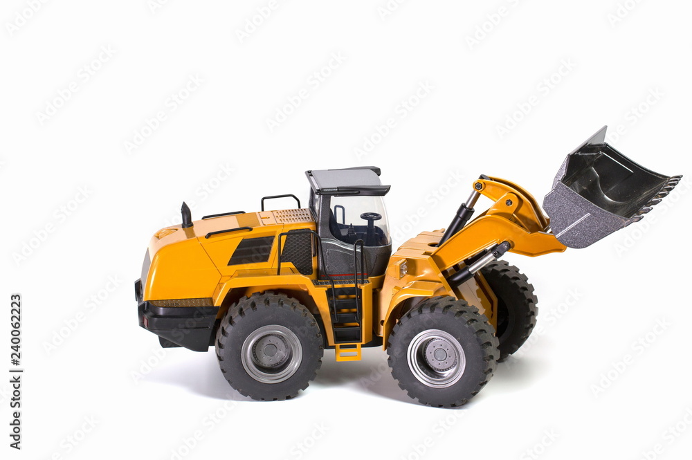 View of R/C model tractor racing cars on a white background. Free time Children and adults concept.