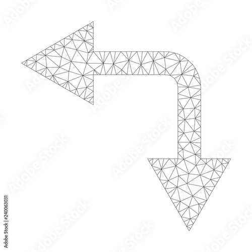 Polygonal vector bifurcation arrow left down icon on a white background. Mesh carcass gray bifurcation arrow left down image in lowpoly style with structured triangles, nodes and lines.