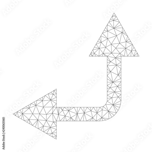 Mesh vector bifurcation arrow left up icon on a white background. Mesh wireframe dark gray bifurcation arrow left up image in low poly style with connected triangles, dots and linear items.