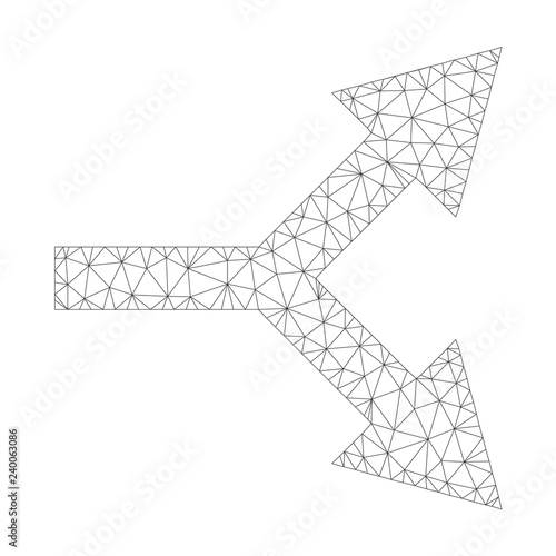 Polygonal vector bifurcation arrow right icon on a white background. Polygonal carcass gray bifurcation arrow right image in lowpoly style with organized triangles, points and lines.